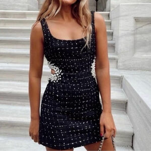 ZARA Textured Black White Tweed Dress With Pearl Beads with Side Cutouts